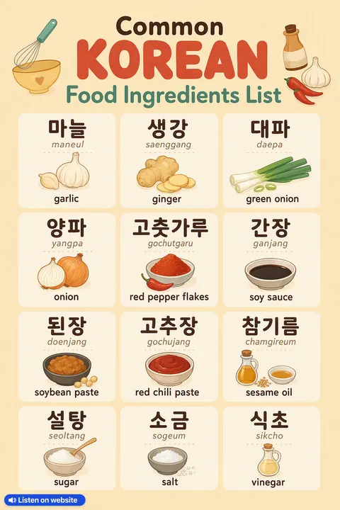 Common Korean Food Ingredients List in Korean vocabulary chart