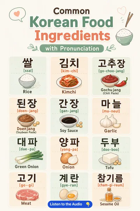 Common Korean Food Ingredients With Pronunciation in Korean vocabulary chart