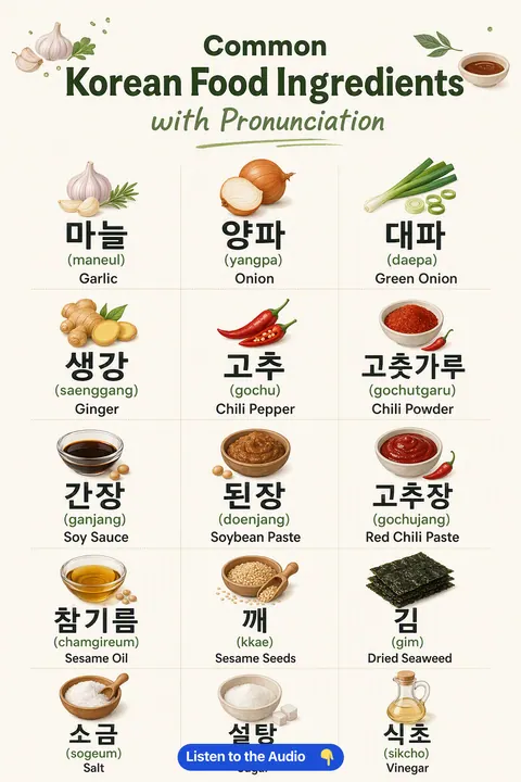 Common Korean Food Ingredients With Pronunciation in Korean vocabulary chart