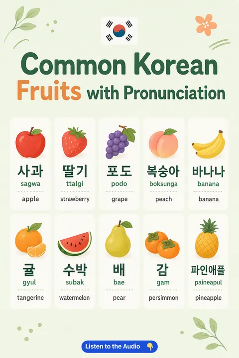 Common Korean Fruits With Pronunciation in Korean vocabulary chart