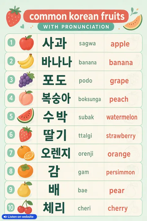 Common Korean Fruits With Pronunciation in Korean vocabulary chart