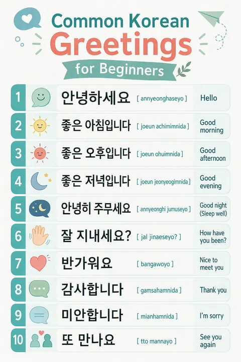Common Korean Greetings For Beginners in Korean vocabulary chart