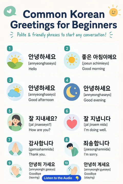 Common Korean Greetings For Beginners in Korean vocabulary chart