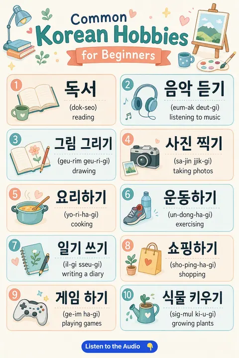 Common Korean Hobbies For Beginners in Korean vocabulary chart