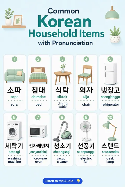 Common Korean Household Items With Pronunciation in Korean vocabulary chart
