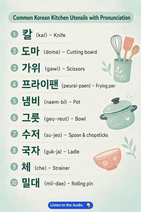 Common Korean Kitchen Utensils With Pronunciation in Korean vocabulary chart