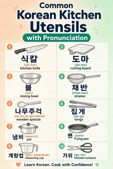 Common Korean Kitchen Utensils With Pronunciation in Korean vocabulary chart
