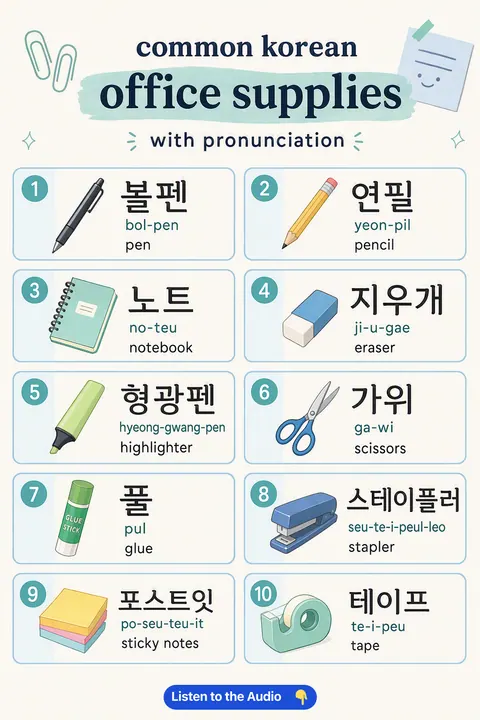 Common Korean Office Supplies With Pronunciation in Korean vocabulary chart