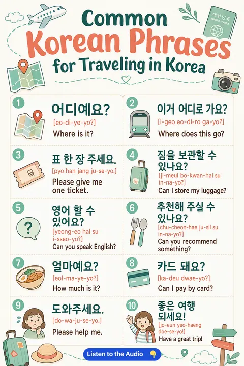Common Korean Phrases For Traveling In Korea in Korean vocabulary chart