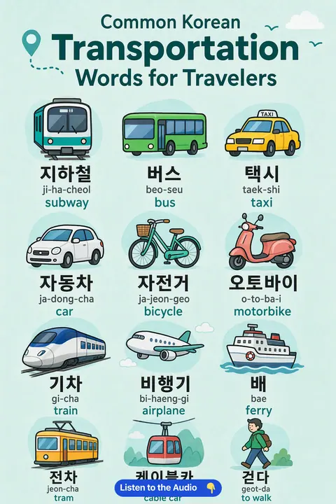 Common Korean Transportation Words For Travelers in Korean vocabulary chart