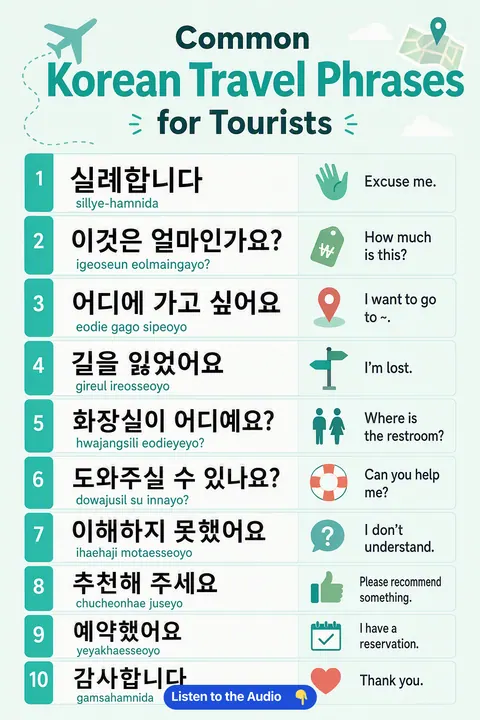 Common Korean Travel Phrases For Tourists in Korean vocabulary chart