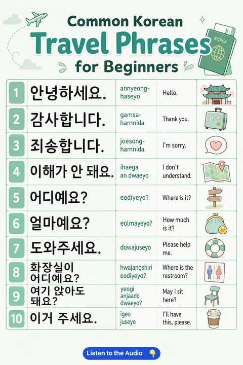 Common Korean Travel Phrases For Beginners in Korean vocabulary chart