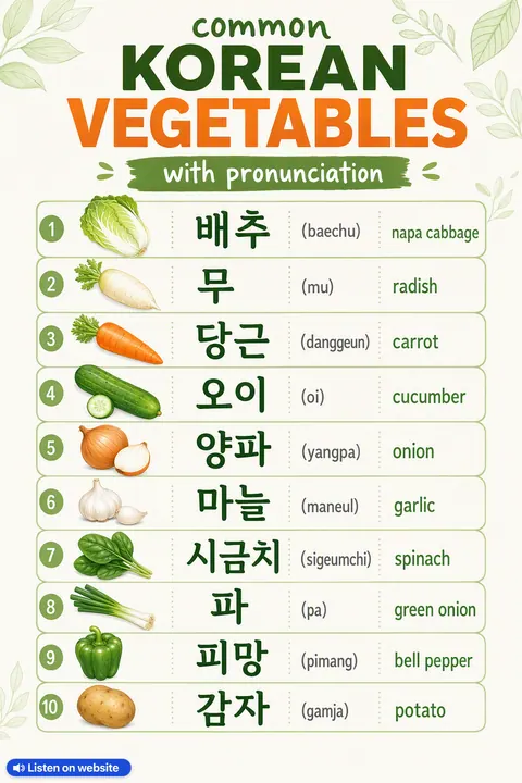 Common Korean Vegetables With Pronunciation in Korean vocabulary chart