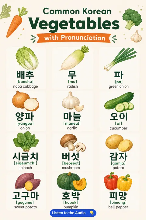 Common Korean Vegetables With Pronunciation in Korean vocabulary chart