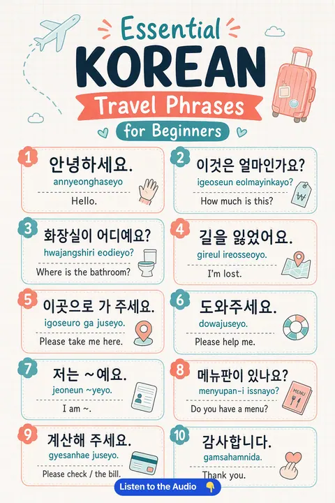 Essential Korean Travel Phrases For Beginners in Korean vocabulary chart