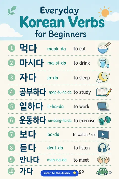 Everyday Korean Verbs For Beginners in Korean vocabulary chart