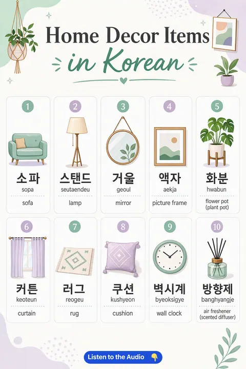 Home Decor Items in Korean vocabulary chart
