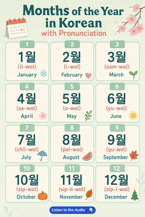 Months of the Year In Korean With Pronunciation in Korean vocabulary chart