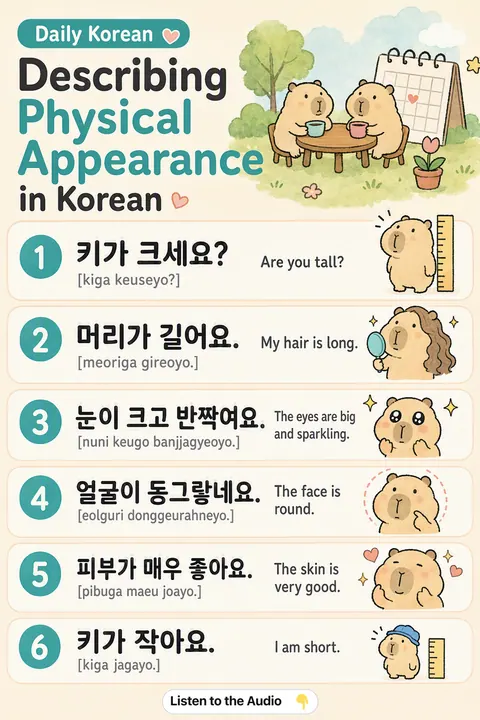 Describing Physical Appearance in Korean vocabulary chart