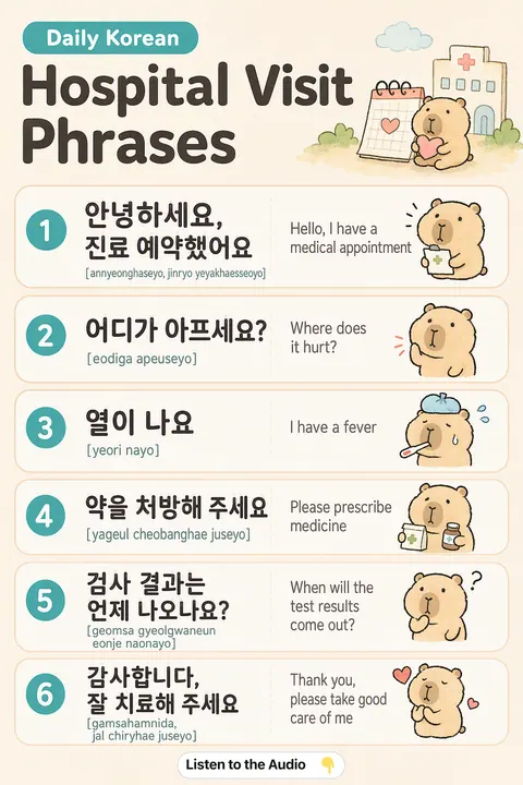 Hospital Visit Phrases in Korean vocabulary chart