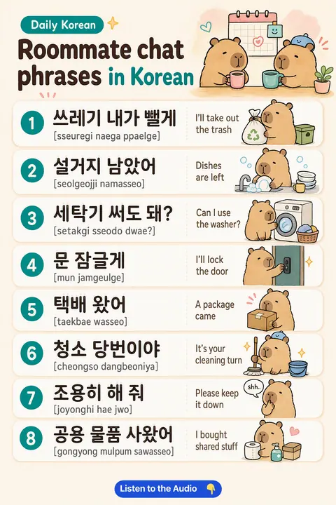 Roommate Chat Phrases in Korean vocabulary chart
