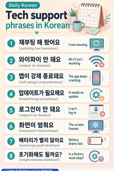 Tech Support Phrases in Korean vocabulary chart