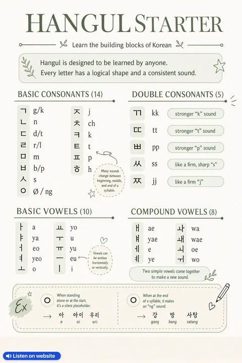 HANGUL STARTER in Korean vocabulary chart