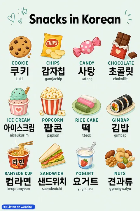 Snacks in Korean vocabulary chart