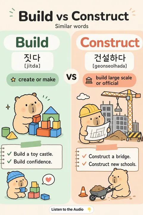 Build vs Construct in Korean vocabulary chart