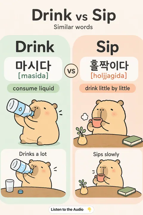 Drink vs Sip in Korean vocabulary chart