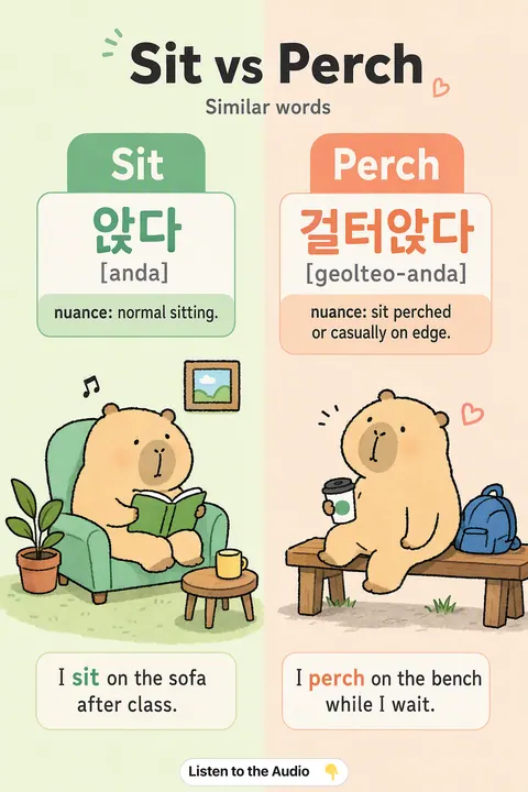 Sit vs Perch in Korean vocabulary chart