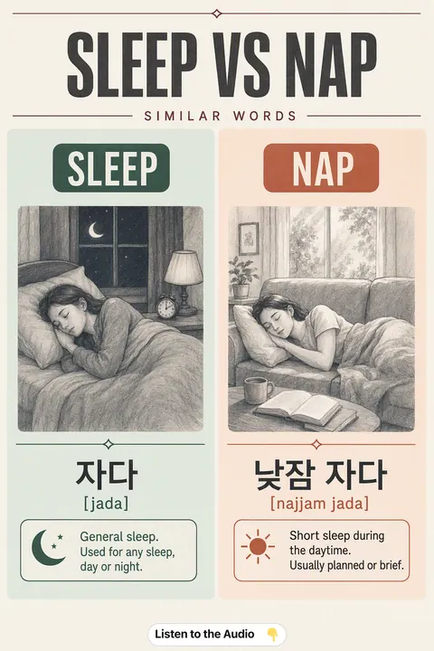 Sleep vs Nap in Korean vocabulary chart