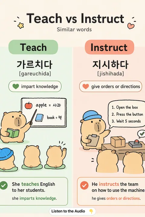 Teach vs Instruct in Korean vocabulary chart