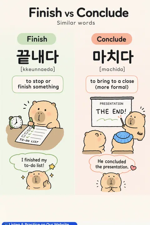Struggling To Choose Between 끝내다 and 마치다? 🤔 in Korean vocabulary chart
