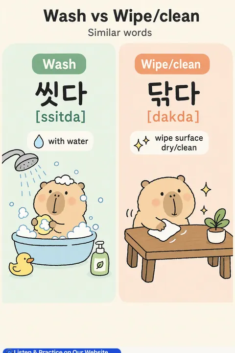 Confused Between 씻다 and 닦다? Use These When Cleaning at Home in Korean vocabulary chart