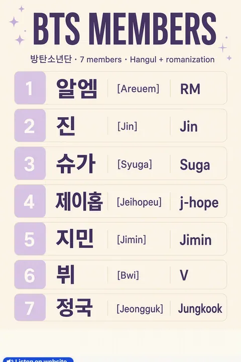 BTS Members — Hangul Names in Korean vocabulary chart