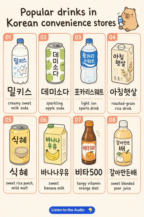 Popular Drinks In Korean Convenience Stores in Korean vocabulary chart