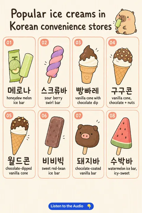 Popular Ice Creams In Korean Convenience Stores in Korean vocabulary chart