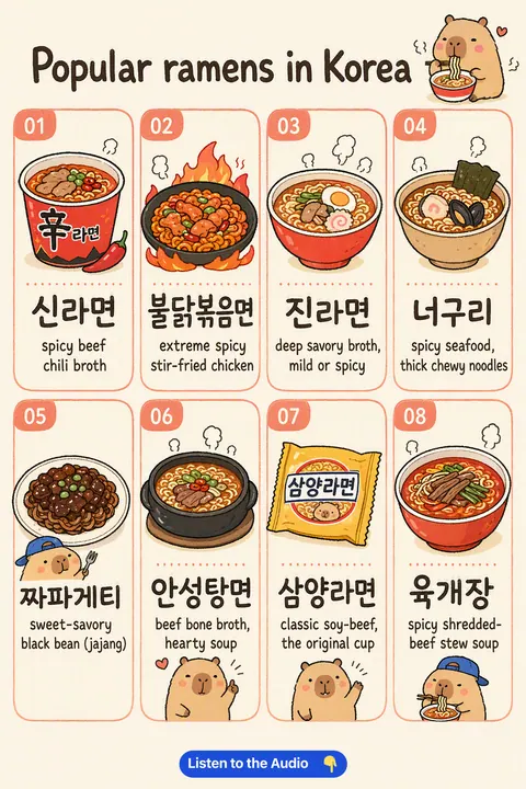 Popular Ramens In Korea in Korean vocabulary chart