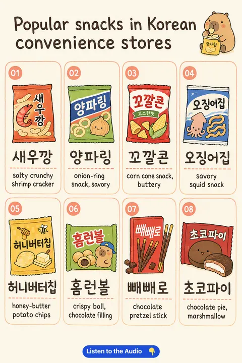 Popular Snacks In Korean Convenience Stores in Korean vocabulary chart