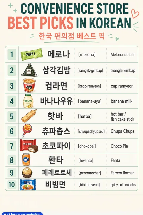 Convenience Store Best Picks in Korean vocabulary chart