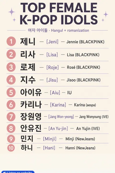 Top Female K-pop Idols — Hangul Names in Korean vocabulary chart