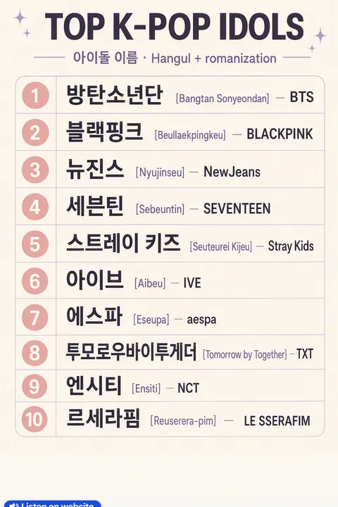 Top K-pop Idols — Hangul Names in Korean vocabulary chart