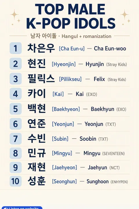 Top Male K-pop Idols — Hangul Names in Korean vocabulary chart