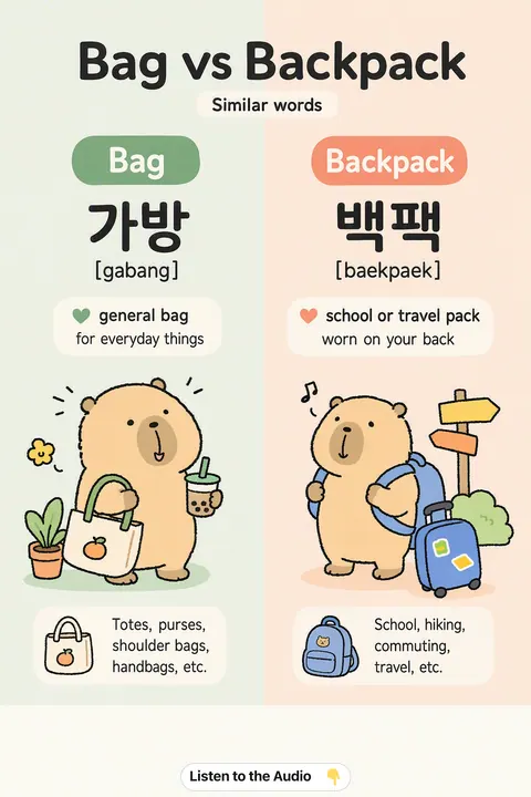 Bag vs Backpack in Korean vocabulary chart