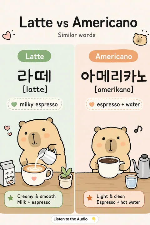 Latte vs Americano in Korean vocabulary chart