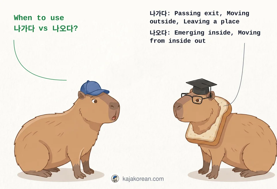 Comparison of Korean verbs 나가다 and 나오다 with examples