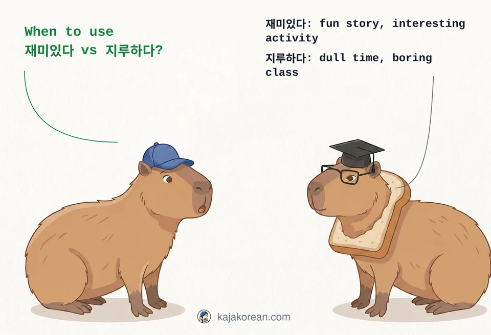 Comparison between 재미있다 (fun) and 지루하다 (boring) in Korean