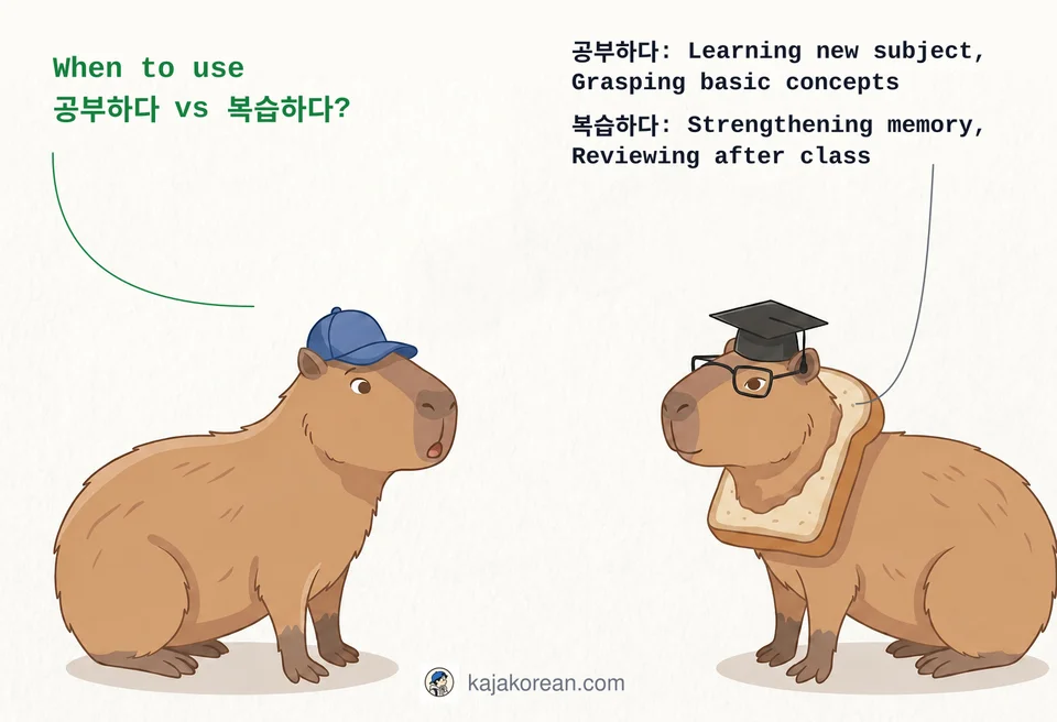 Comparison between 공부하다 and 복습하다 showing learning new material vs reviewing