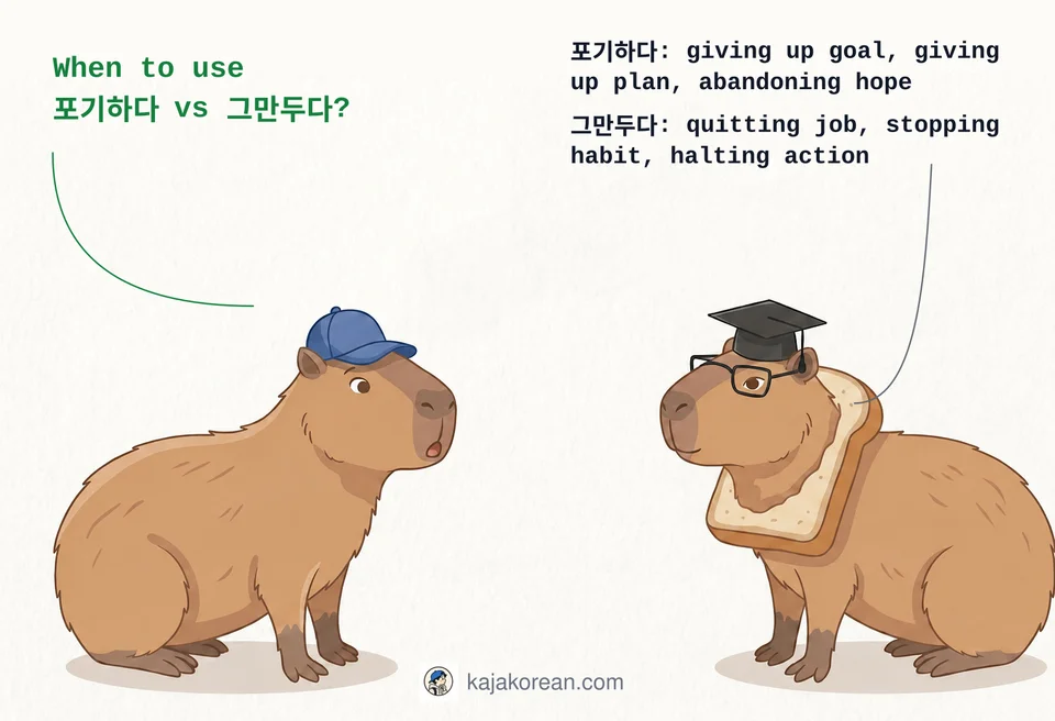 Comparison of Korean words 포기하다 and 그만두다 with usage examples